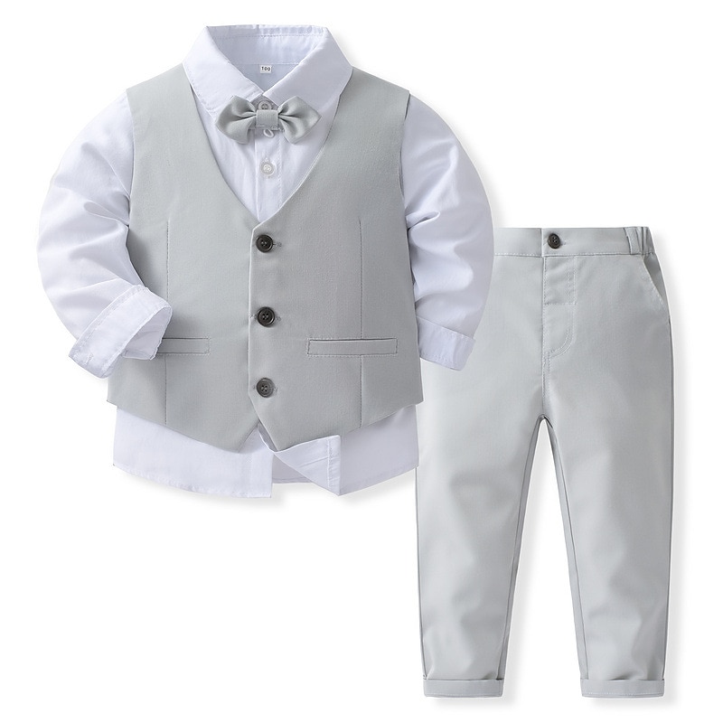 4 Pieces Ring Bearer Suit Boys Kids Suit Formal Suit Shirt & Pants Clothing Set Formal Fashion Solid Color Royal Blue Sky Blue Gray Cotton3
