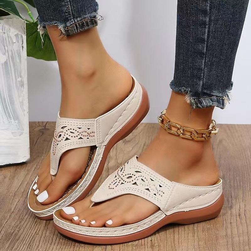 Women's Beige Cut-Out Leather Slip-On Sandals with Cushioned Sole - Comfortable Summer Footwear for Casual Everyday Wear