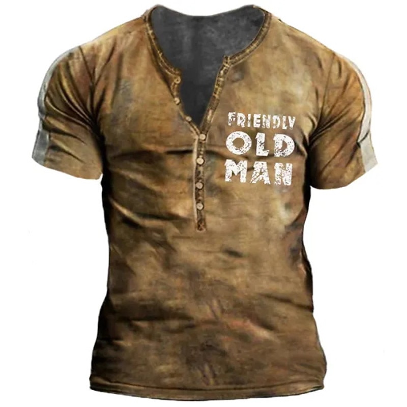 Father 'S Day Friendly Old Man Mens Graphic Shirt Henley Letter Clothing Apparel 3D Print Outdoor Daily Short Sleeve Button Down Fashion Designer Comfortable Brown Cotton Button-Down