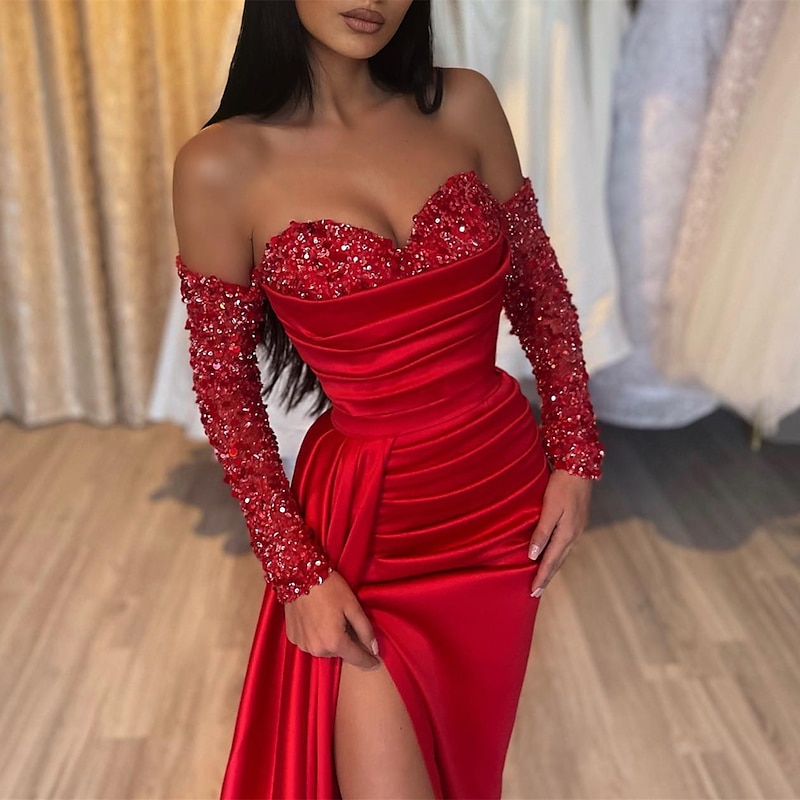Mermaid Sequin Evening Gown Vintage Dress Formal Wedding Guest Court Train Long Sleeve Off Shoulder Satin with Ruched Slit Masquerade Dress4
