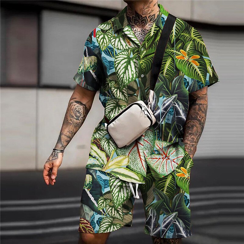Men's Floral Flamingo Tropical 2pcs Shirts Sets Summer Hawaiian Shirt Short Sleeve Short Pants Turndown Fashion Streetwear Designer Outdoor Street Casual Print Summer Spring Black White Pink2
