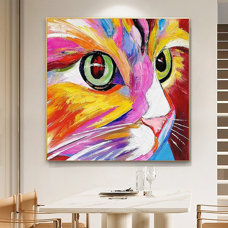 Oil Painting Handmade Hand Painted Wall Art Abstract Cat Colorful Animal Home Decoration Décor Stretched Frame Ready to Hang
