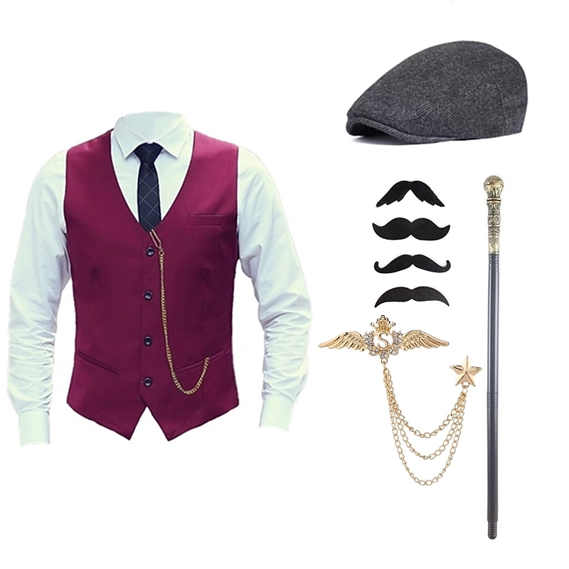 Mens 1920s Gangster Outfit Vest with Accessories Set 5 Pcs Retro Vintage Roaring 20s Theme Party Cosplay Costume Panama Hat Beard Brooch Cane2