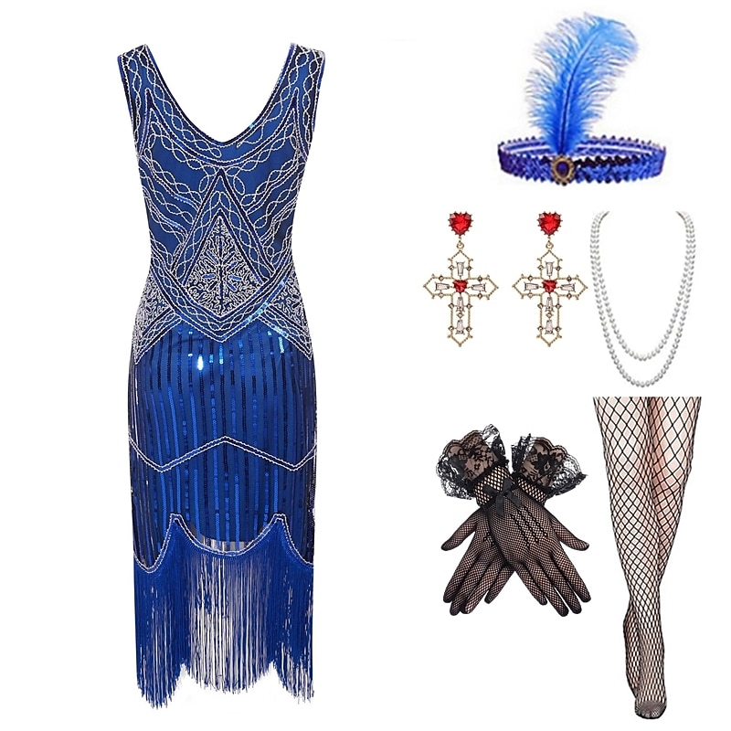 1920s Gatsby Flapper Dress with 20s Accessories Set Women's Sequins Tassel Fringe Costume Retro Vintage Cosplay Party & Evening Cocktail Dress4