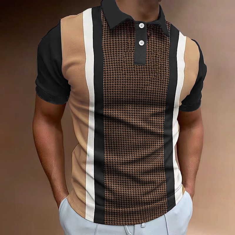 Men's Golf Shirt Polo Casual Office & Career Polo Collar Classic Short Sleeve Fashion Houndstooth Vintage Style Print Summer Spring & Summer Brown Golf Shirt