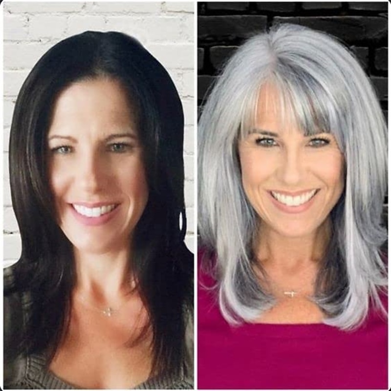 Grey Layered Synthetic Wigs for White Women Wig With Bangs Side Part Layered Mixed Silver Grey Wavy Natural Hair Wig for Women Daily Party Gray Wig2