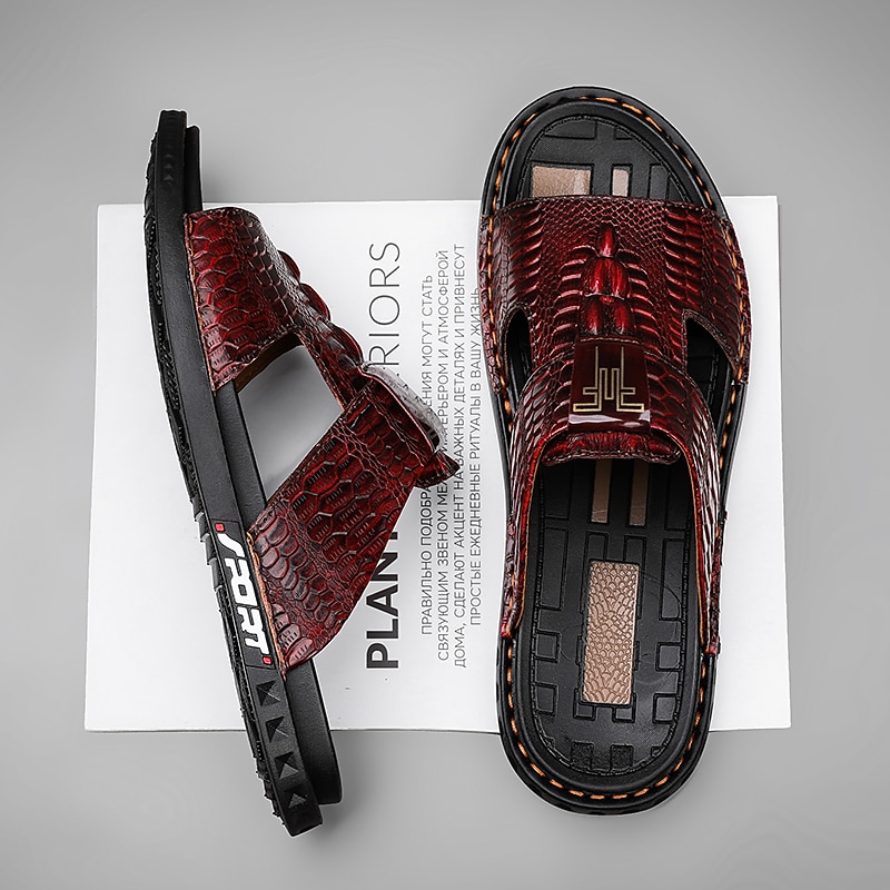 Men's Burgundy Crocodile-Pattern Slide Sandals – Luxury Leather Open-Toe Slippers with Non-Slip Sole for Casual and Summer Wear3