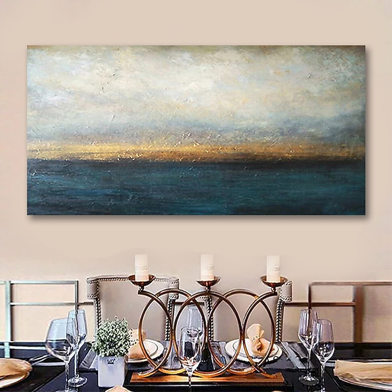 Handmade Oil Painting Canvas Wall Art Decoration Blue and Golden Landscape for Home Decor Stretched Frame Hanging Painting 90*45cm/100*50cm - Main Image