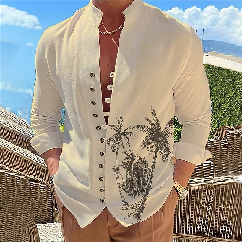 Men's Coconut Tree Tropical Plants Shirt Summer Hawaiian Shirt Aloha Shirt Long Sleeve Shirt Stand Collar Fashion Designer Casual Outdoor Vacation Street White Blue Green S M L3