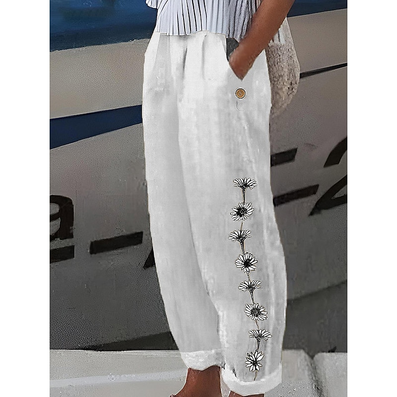 Women's Cotton And Linen Loungewear Pants Nighty Trousers Flower Print Elastic Waist Comfort Home Street Summer Spring Black White Home Outfits2