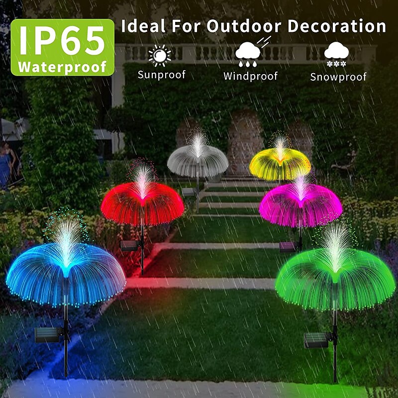 2pcs LED Solar Fiber Jellyfish Lights RGB Color Changing Garden Light Solar Outdoor Waterproof Lawn Lights Villa Courtyard Walkway Park Lawn Decoration Lamp
