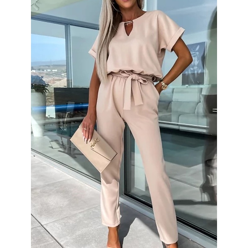 Women's Jumpsuits Casual Summer Lace up High Waist Solid Color Crew Neck Business Office Work Loose Fit Short Sleeve Black Pink Fuchsia S M L2