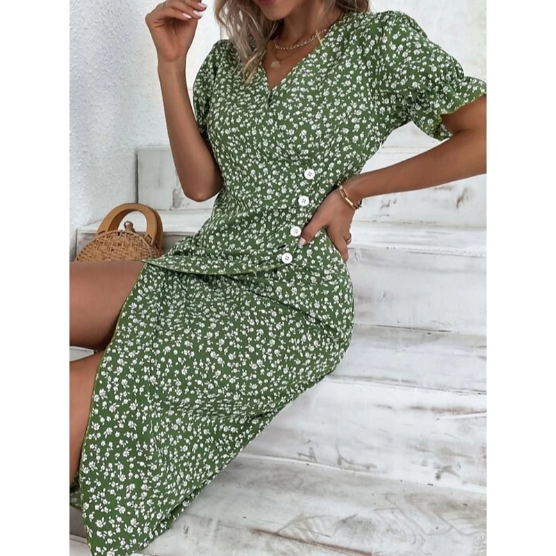 Women's Wrap Dress Floral Ditsy Floral Button Print V Neck Midi Dress Classic Daily Vacation Short Sleeve Summer Spring3