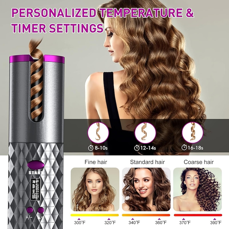 Automatic  Curling Iron, Hair Curler Cordless With  6 Temps & Timer, Wireless Portable Curler, Rechargeable Rotating Curling Iron Wand, Self Hair Curling Iron for Lasting Curls Multi coler