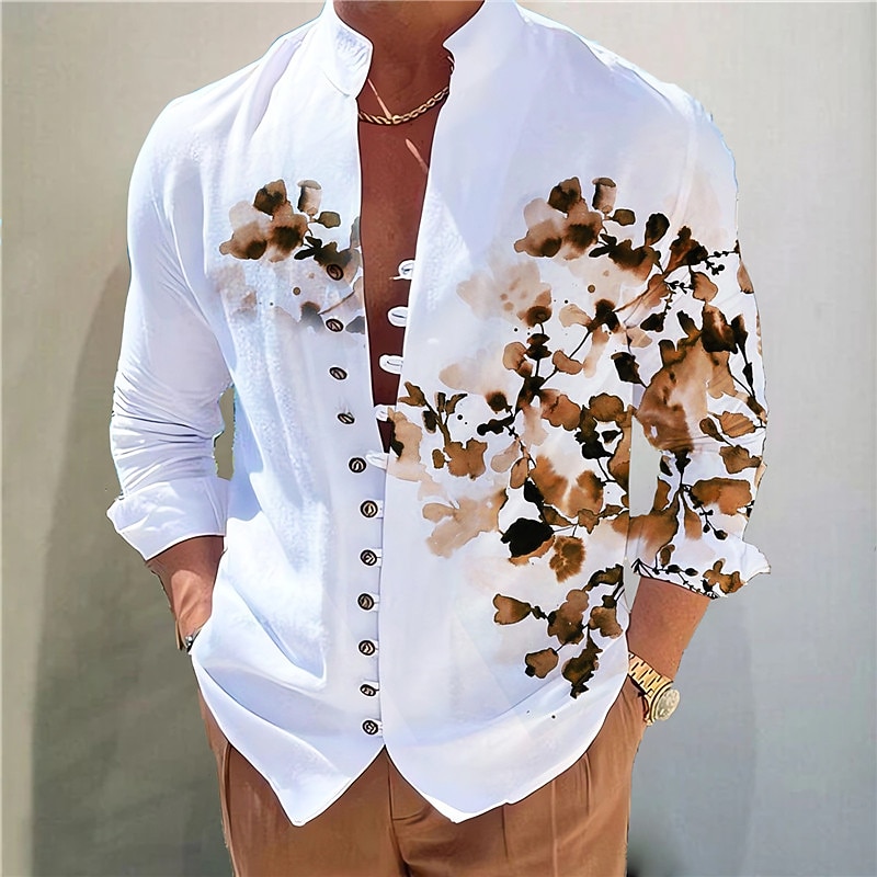 Men's Floral Shirt Button Up Shirt Long Sleeve Fashion Designer Casual Vacation Daily Going out Fall Autumn / Fall Spring & Summer Stand Collar Print Yellow Blue Purple Green Gray2