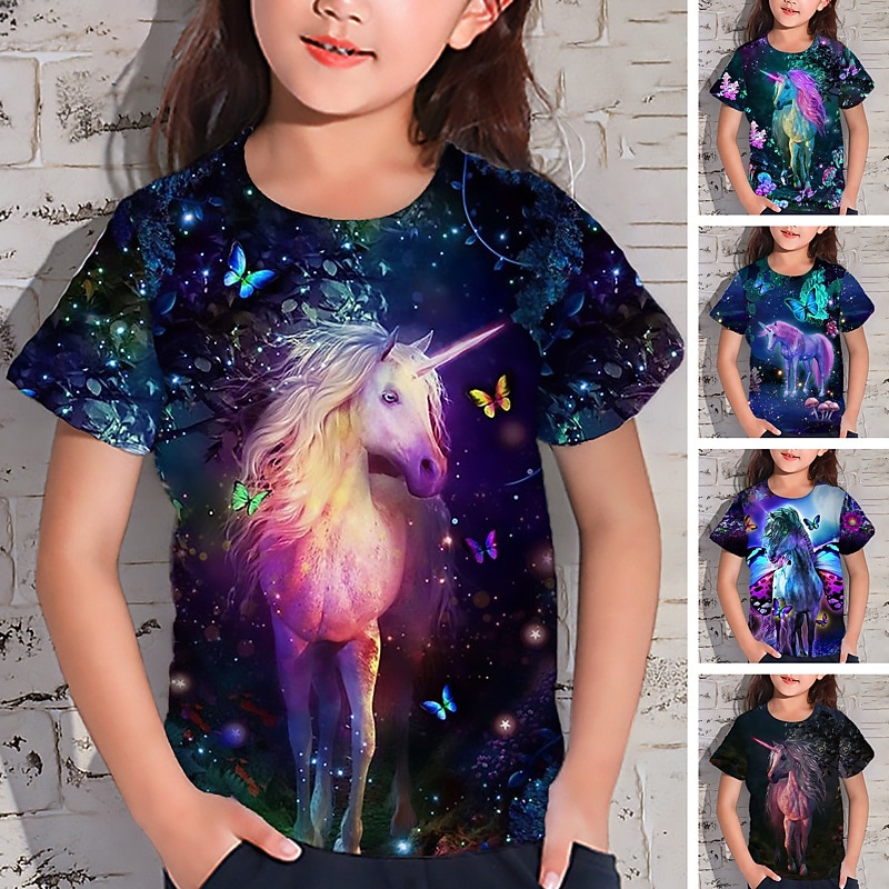 Girls' 3D Animal Unicorn T shirt Short Sleeve 3D Print Summer Spring Active Fashion Cute Kids 3-12 Years Outdoor Daily Indoor Regular Fit