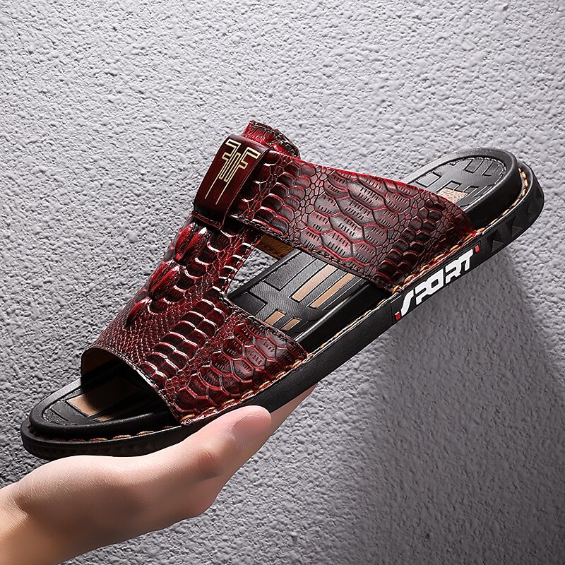 Men's Burgundy Crocodile-Pattern Slide Sandals – Luxury Leather Open-Toe Slippers with Non-Slip Sole for Casual and Summer Wear 5