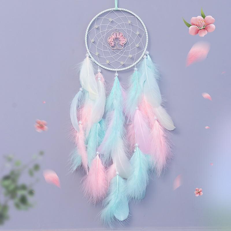 Colorful Tree of Life Dream Catcher Handmade Gift Feather Hook Flower Wind Chime with Gems Ornament Wall Hanging Decor, 72x16cm/28.3''x6.3''3
