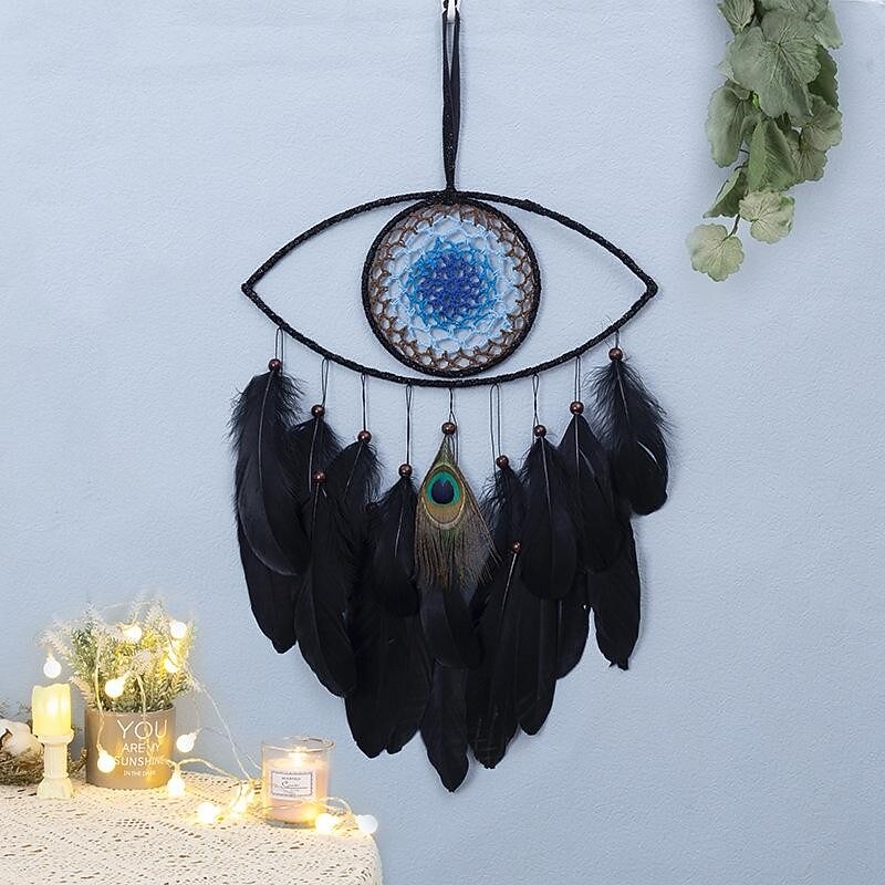 Devil's Eyes Dream Catcher Handmade Gift Black Feather Blue Eyes Hook Flower Wind Chime Ornament Wall Hanging Decor, 30x60cm/11.8''x23.6''3