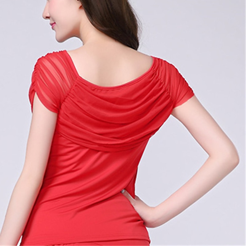 Latin Dance Ballroom Dance Activewear Top Ruffles Pure Color Splicing Women's Performance Training Short Sleeve Mesh Milk Fiber4