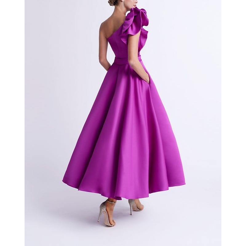 A-Line Cocktail Dresses Elegant Dress Wedding Guest Party Wear Ankle Length Sleeveless One Shoulder Pocket Satin with Ruffles Dresses2