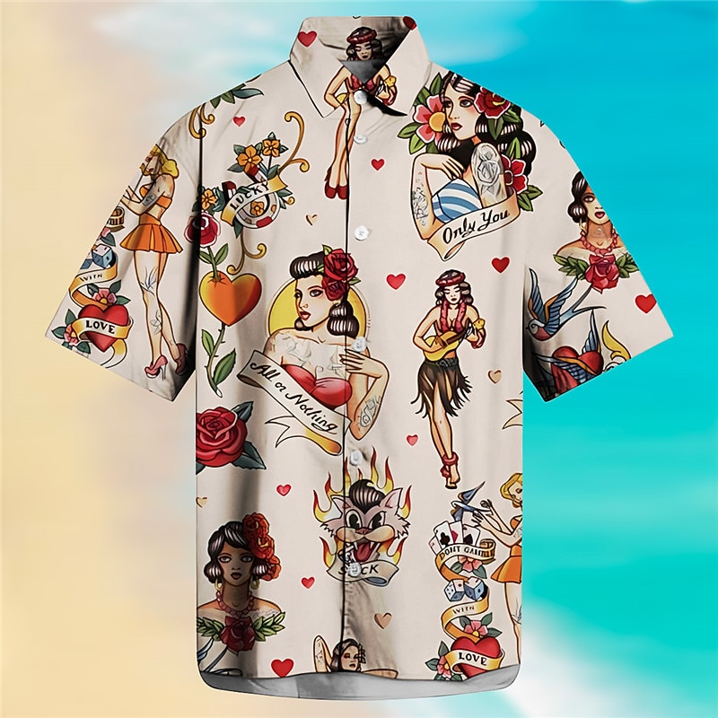 Men's Hula Girls Shirt Summer Hawaiian Shirt Aloha Shirt Short Sleeves Shirt Turndown Fashion Streetwear Designer Outdoor Street Casual Apricot Black S M L2
