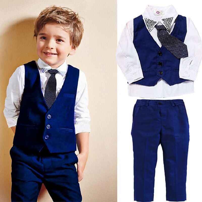Boys 4 Pcs Suit Set Shirt & Pants Formal Set Clothing Set Outfit Solid Color Long Sleeve Set Formal Fashion Summer Spring 7-13 Years Blue2