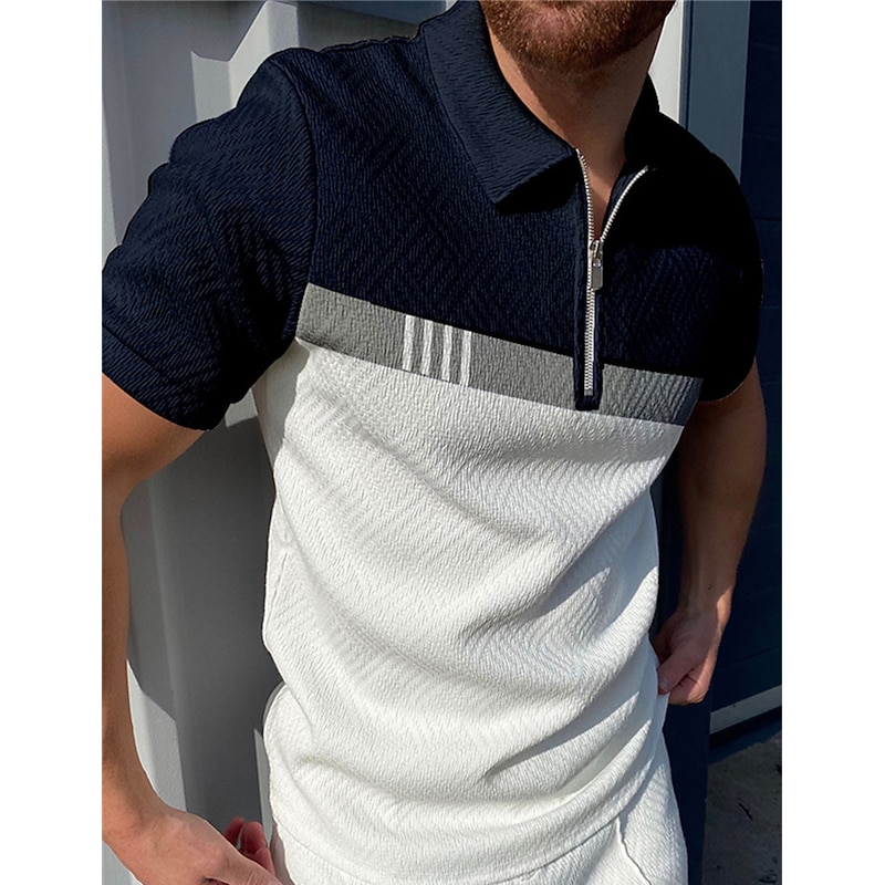 Men's Polo Shirt Golf Shirt Casual Holiday Lapel Quarter Zip Short Sleeve Fashion Basic Color Block Quarter Zip Summer Regular Fit White Wine Blue Polo Shirt2