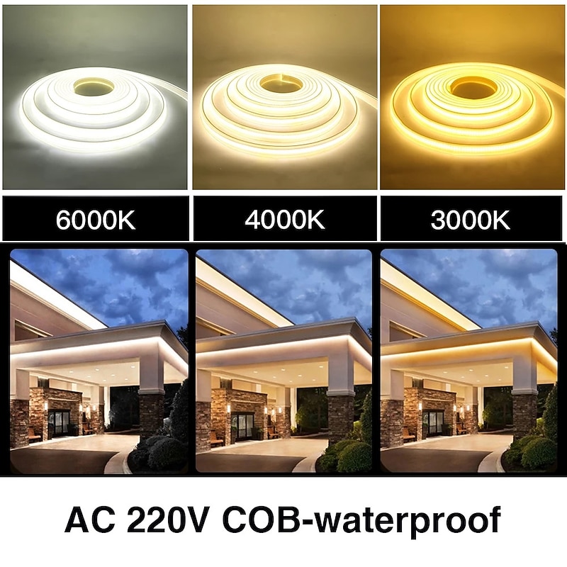COB LED Strip Light 288leds/M 220V EU Plug RA 90 High Brightness 3000K 4000K 6000K Flexible LED Tape For Bedroom Kitchen Waterpr3