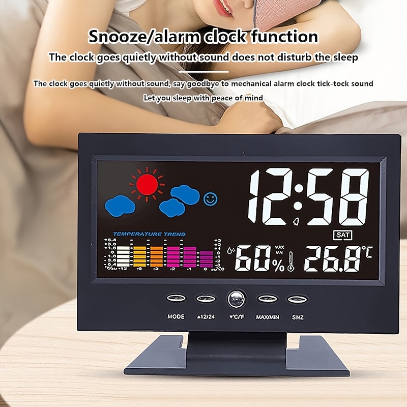 Weather Clock With Time Date Week Temperature Humidity Display Weather Forecast Function With Voice-activated Backlight Function 15.6X4X9.6CM/6.1*3.7*1.5in3