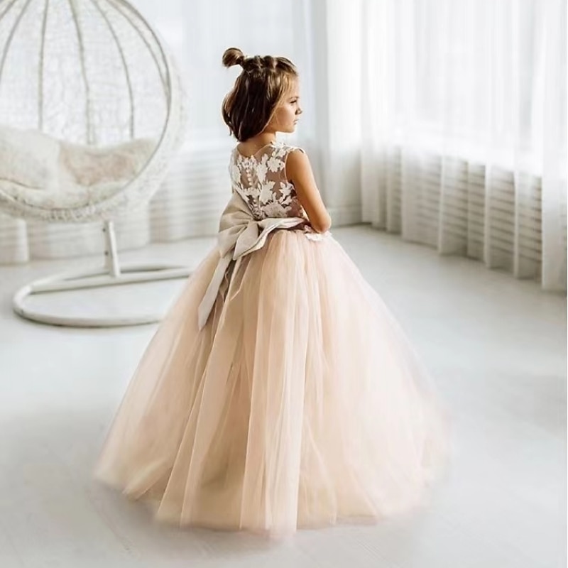 Kids Girls' Flower Girl Dress Party Dress Solid Color Sleeveless Performance Wedding Party Mesh Princess Sweet Mesh Mid-Calf Sheath Dress Floral Embroidery Dress Tulle Dress Summer Spring Fall 2-124