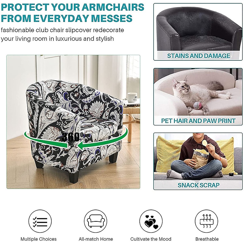 Floral Printed Club Chair Barrel Chair Slipcover Stretch Armchair Covers 1-Piece Club Tub Chair Covers Sofa Cover Couch Furniture Protector Cover  Spandex Couch Covers for Living Room4