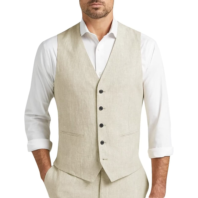 Men's Wedding Beach Linen Suits Champagne Pink Solid Colored Tailored Fit 2 Piece4