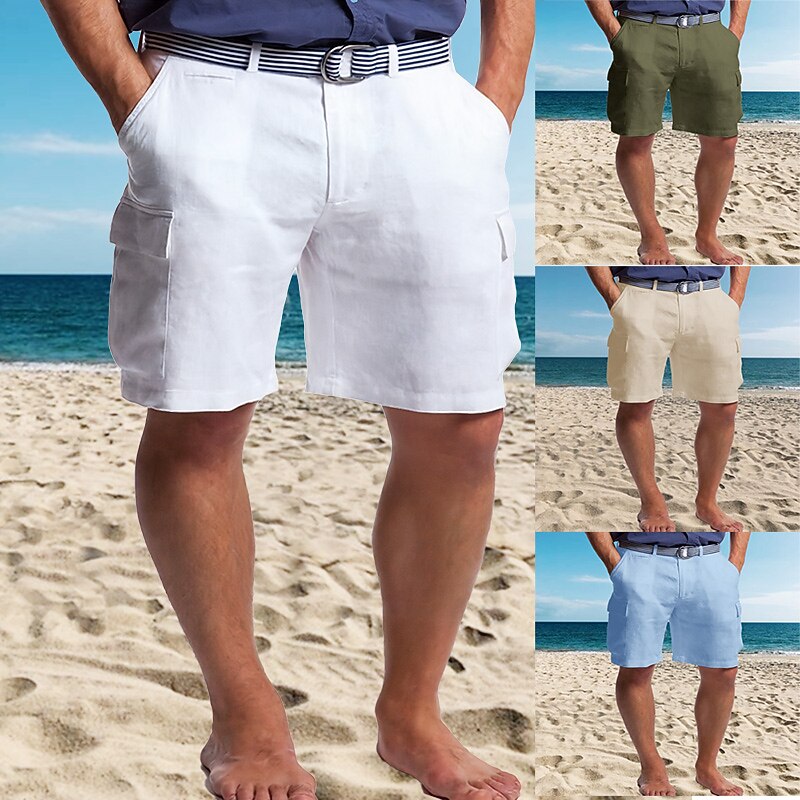 Men's Shorts Linen Shorts Summer Shorts Beach Shorts Multi Pocket Straight Leg Plain Comfort Breathable Short Casual Daily Holiday Fashion Designer White Khaki
