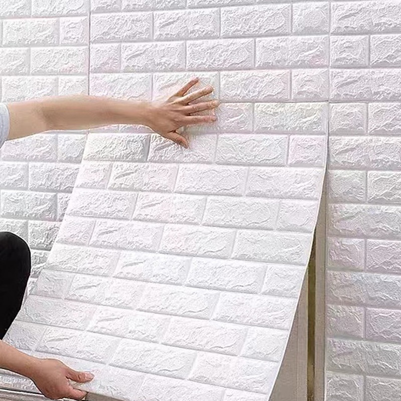 5pcs Wallpaper 3D Brick Self-Adhesive Wall Panels White Modern Waterproof Stone Look Wallpaper Foam Wall Sticker for Bathroom Bedroom Living Room Balcony Kitchen