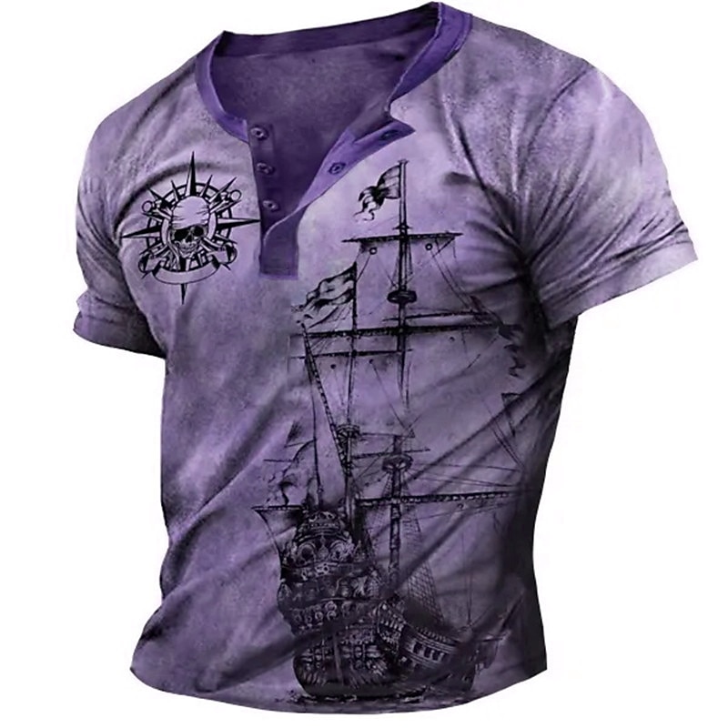 Men's Graphic Ship Skulls Henley Shirt Raglan T Shirt Short Sleeve 3D Print Fashion Designer Comfortable Outdoor Daily Summer Blue Red Purple Brown Green Henley Henley T-Shirt3