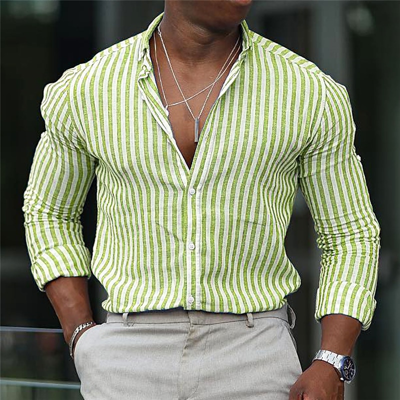 Men's Shirt Striped Outdoor Casual Yellow Light Green Red Blue Long Sleeve Turndown Fall & Winter Clothing Apparel Print4
