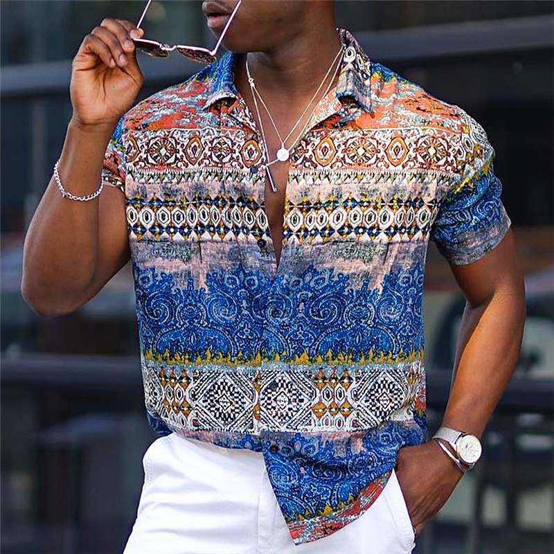 Men's Floral Tribal Vintage Shirt Button Up Shirt Vintage Hawaiian Shirts Short Sleeve Sports Fashion Streetwear Outdoor Casual Holiday Summer Spring Cuban Collar Print Lake blue Yellow Light Green