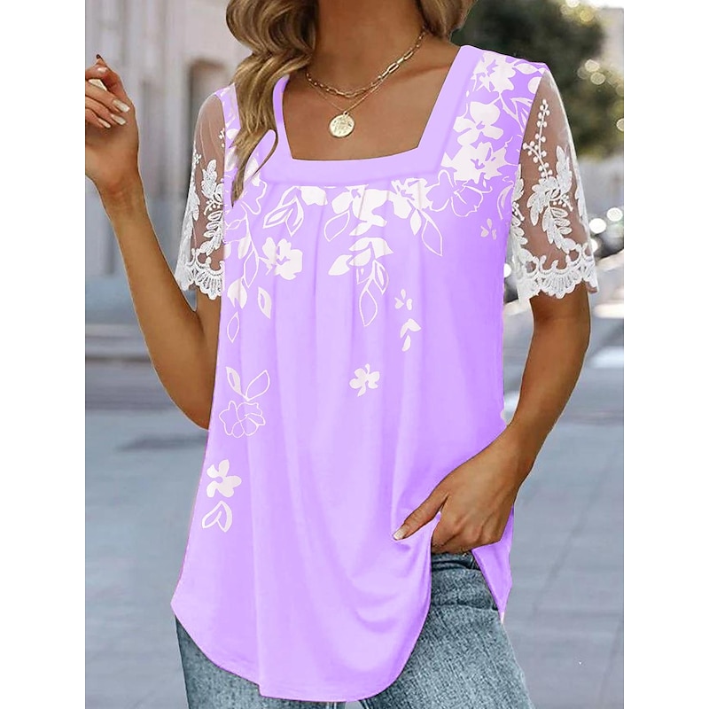 Women's T Shirt Mesh Patchwork Top Lace T-shirt Floral Basic Short Sleeve Square Neck Regular Tops Holiday Weekend Lace Print White Pink Blue Purple Green4