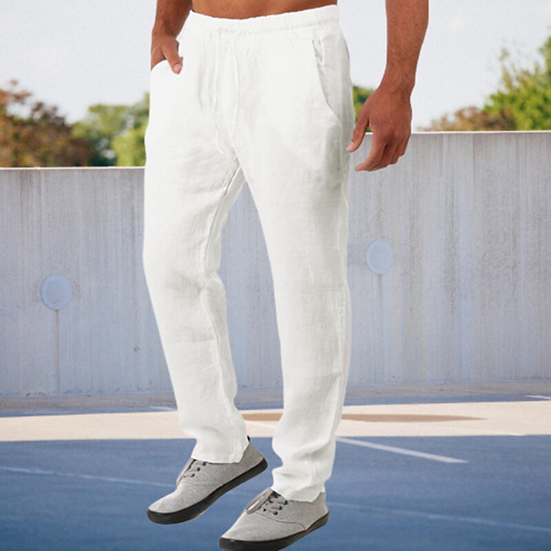 Men's Linen Pants Trousers Summer Pants Pocket Plain Comfort Breathable Outdoor Daily Going out Fashion Streetwear Black White4