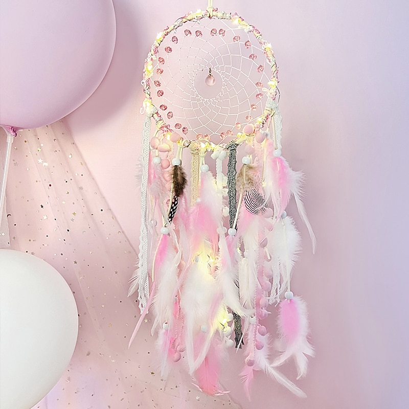 Pink Dream Catcher Handmade Gift Feather Hook Flower Wind Chime Ornament Wall Hanging Decor Art Boho Style, 67x16cm/26.3''x6.3''3