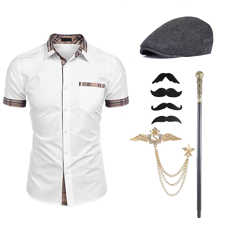 Mens 1920s Gangster Shirt with Accessories Set the Great Gatsby Retro Vintage Cosplay Costume Hat Beard Brooch Cane3