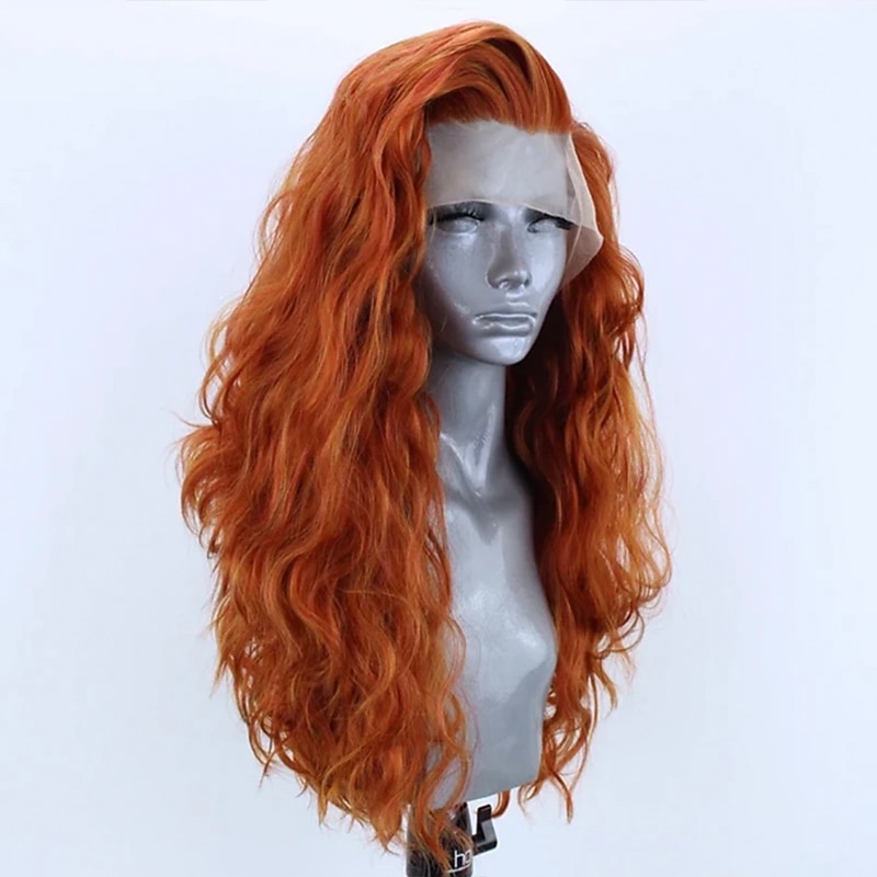 Long Glueless Synthetic Lace Front Wig Orange Long Wavy Side Part Lace Wigs Synthetic Hair Wig for Women Wig2