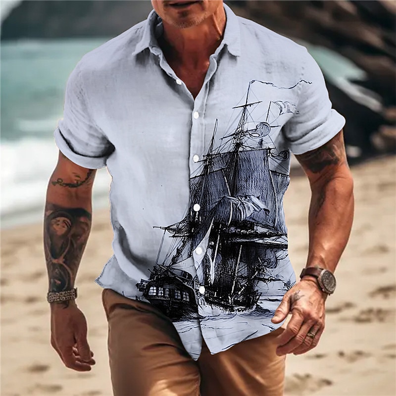 Men's Nautical Vintage Sailboat Shirt Button Up Shirt Short Sleeve Vintage Fashion Designer Outdoor Casual Summer Spring Turndown Print Lake blue Blue Orange Green Khaki2