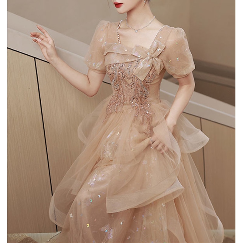 A-Line Party Dresses Elegant Dress Wedding Guest Prom Floor Length Short Sleeve Square Neck Tulle with Bow(s) Sequin  Masquerade Dress to impress3