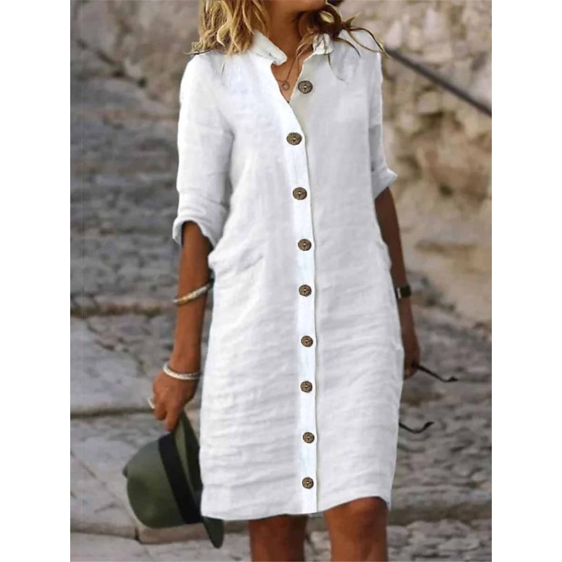 Women's Black White Green Summer Spring Fall Midi Dress Linen-Inspired Dresses Shirt Dress Casual Dress Fashion Basic Casual Outdoor Daily Regular Fit Plain Shirt Collar