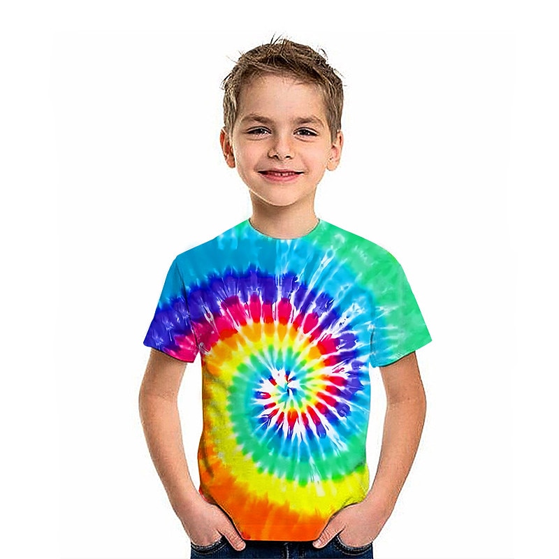 Kids Boys T shirt Tee Graphic Tie Dye Short Sleeve Crewneck Children Top Outdoor 3D Print Sports Fashion Cool Summer Blue 2-13 Years