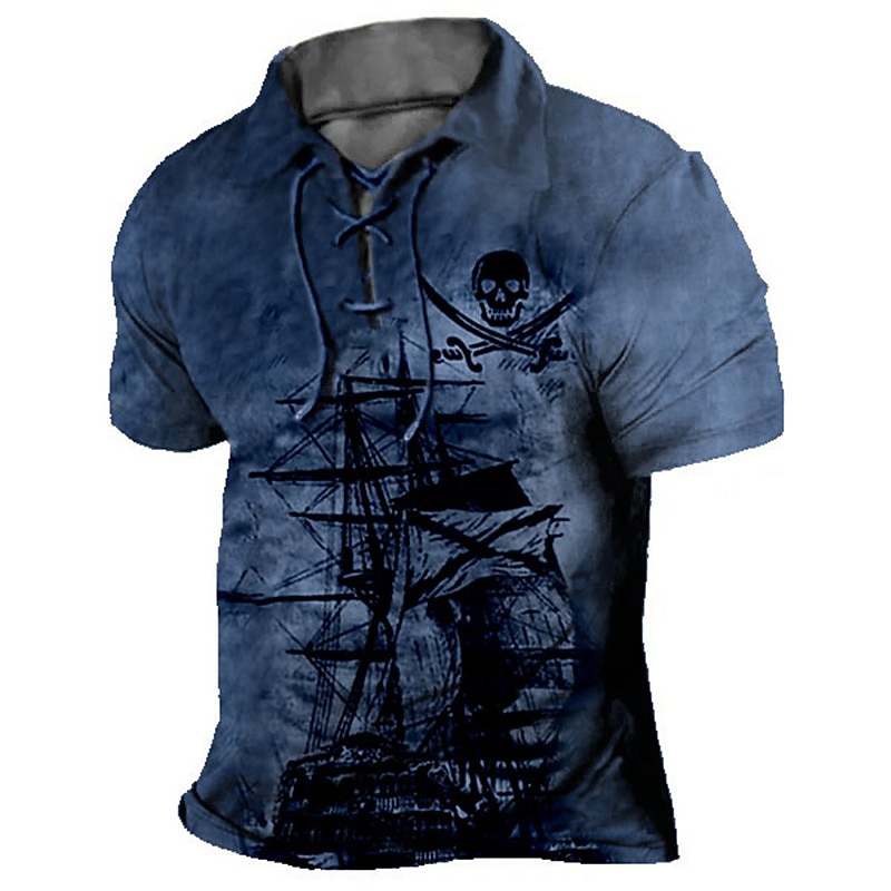 Men's Skull Graphic Prints Vintage Sailboat Polo Shirt Golf Shirt Short Sleeve Shirt Turndown Outdoor Street Blue Green Khaki Gray Drawstring Print Clothing Apparel Sports Fashion Streetwear Designer3