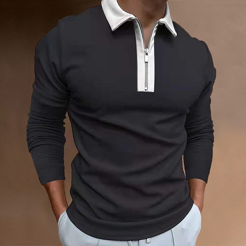 Men's Zip Polo Polo Shirt Outdoor Street Collar Quarter Zip Long Sleeve Fashion Sportswear Solid Color Zipper Quarter Zip Fall Winter Regular Fit Black Blue Khaki Zip Polo3
