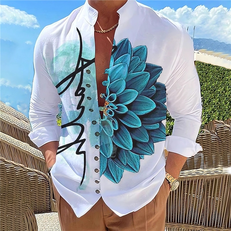 Men's Floral Shirt Button Up Shirt Long Sleeve Fashion Designer Casual Outdoor Vacation Daily Fall Autumn / Fall Spring & Summer Stand Collar Print Yellow Blue Fuchsia Green Gray
